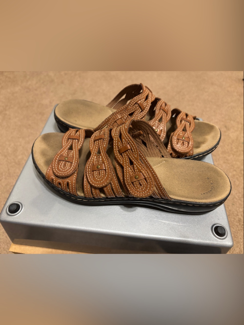 Clarks Brown Braided Leather Slide Sandals
